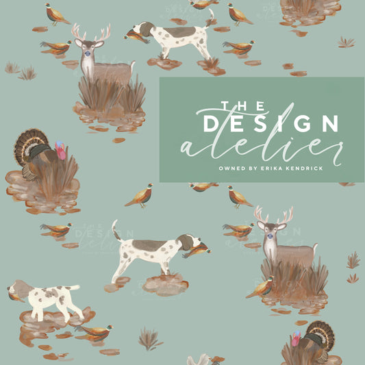 Birchwood Hunt Seamless Pattern with Textile Rights