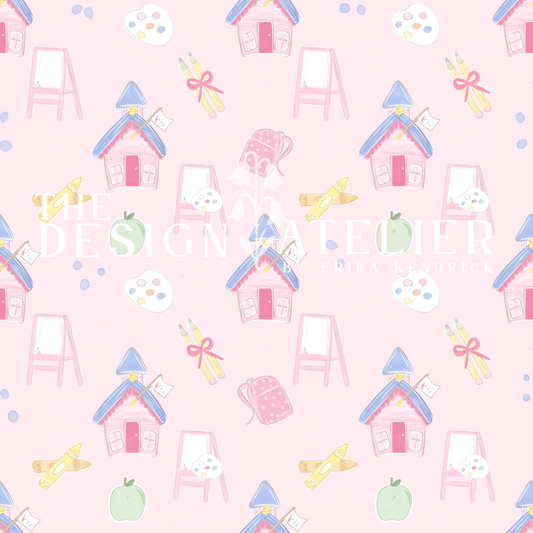 Little Pink School House  Seamless Pattern with Textile Rights