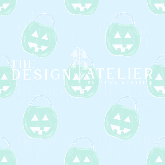 Blue Pumpkin Pal Pails Seamless Pattern with Textile Rights